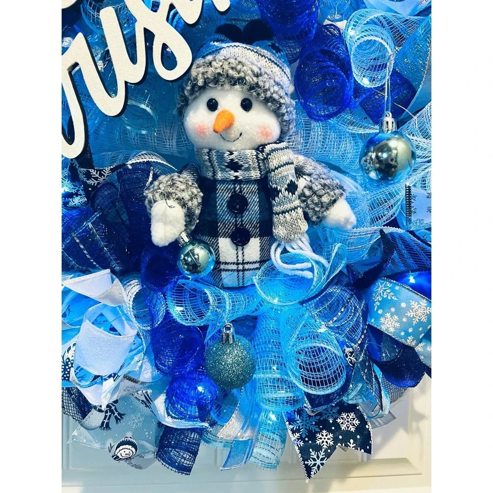 Blue Snowman Merry Christmas Ribbon Door Wreath Handmade 22 ins LED W23